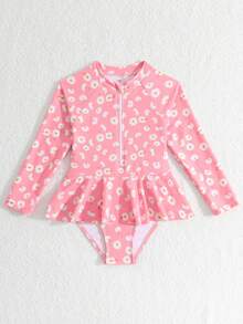 Girls' Pink Daisy Print Long-Sleeved Dress Swimsuit,Sun-Protective Quick-Drying Rash Guard For Kids,Half-Zip Skirt Design Summer Beach Holiday Outfit - Coral Orange - View 4