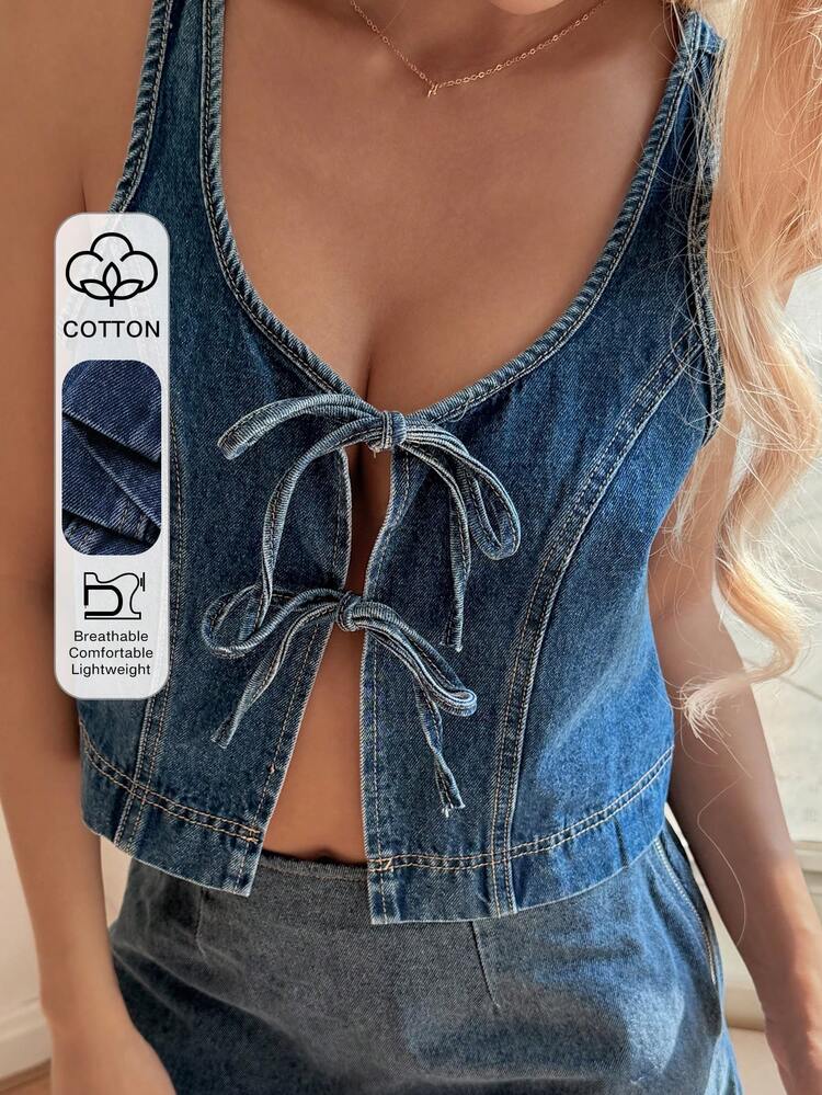 Women's Summer Loose Fit Crew Neck Tie Bow Decor Sleeveless Camisole Top, Casual Vacation Denim Wash Blouse