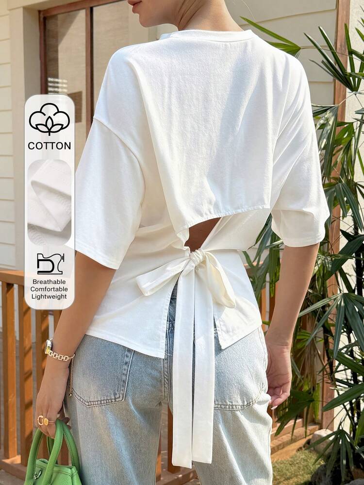 Women's Summer Round Neck Short Sleeve Backless Tie Design Casual Vacation Loose T-Shirt