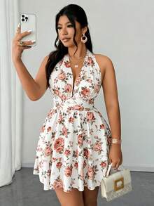 Elenzga 2025新款大码女装时尚优雅日常旅行春夏面料撞色印花V领无袖修身百搭连衣裙 - 彩色 - 查看 1