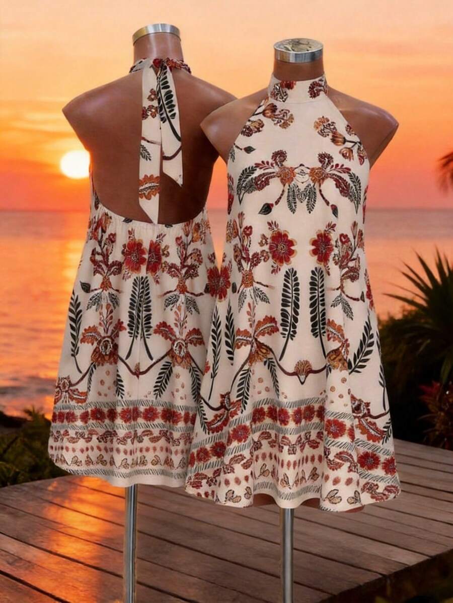 SHEIN Lunessa Women's Sleeveless Printed Halter Mini Dress - Apricot - View 1