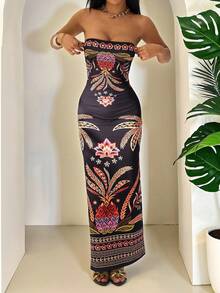 SHEIN PETITE 女士热带植物印花修身吊带连衣裙，适合度假、返校、休闲、办公和约会穿着。 - 彩色 - 查看 7