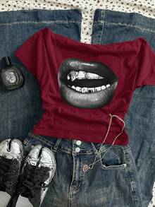 Attitoon T-shirt court à manches courtes serré avec imprimé de lèvres froissé à l'épaule dénudée, style décontracté rétro de rue. Convient pour le début de l'automne, polyvalent vintage, académique, sexy, mignon, Y2K, coconut girl, boho, hippie, festival de musique, printemps/été - Rouge foncé - Voir 9
