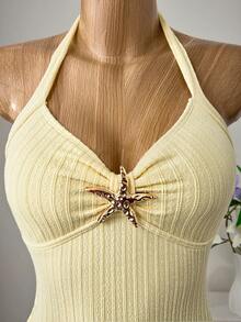 Bellisia Traje de baño de una pieza elegante de color amarillo limón con falda tipo pastel, adecuado para la playa, la piscina, actividades casuales al aire libre, fiestas y vacaciones en primavera y verano - Amarillo claro - Ver 5