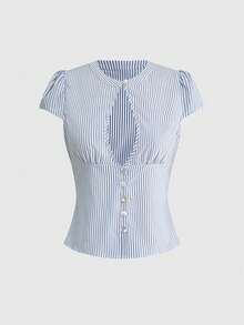 ROMWE Striped Hollow-Out Design Fitted Shirt, Casual Vacation Wear - Blue and White - View 1