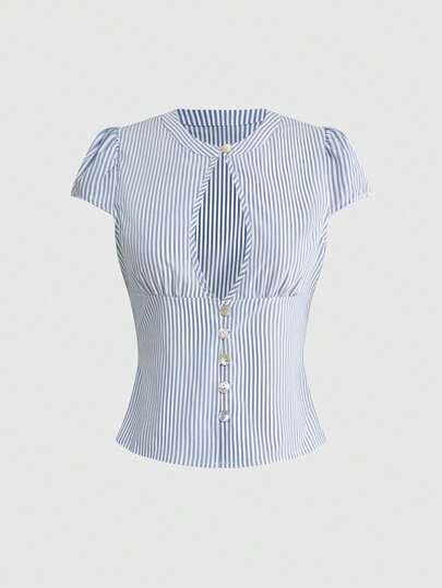 ROMWE Striped Hollow-Out Design Fitted Shirt, Casual Vacation Wear