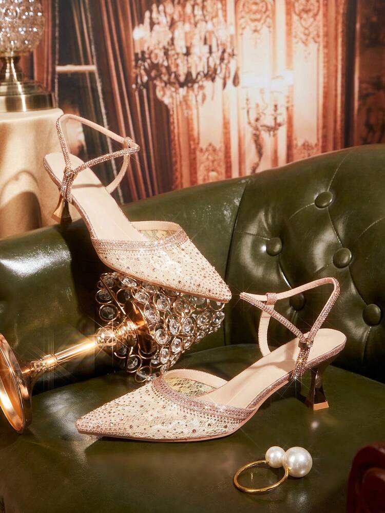 CUCCOO TILAWA Women Shoes Women's Fashion Pointed Champagne Rhinestone Strip With Ankle Strap Mesh Splicing Fashion Party Dinner Gorgeous Sexy Kitten Heel Women's High Heel Shoes Empty Shoes