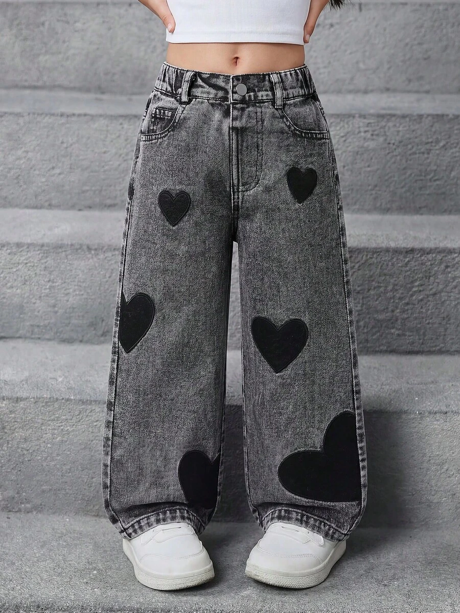 Jeans de niña con lavado desgastado, bordado de corazón y diseño de copo de nieve, estilo años 90 - Gris Oscuro - Ver 1