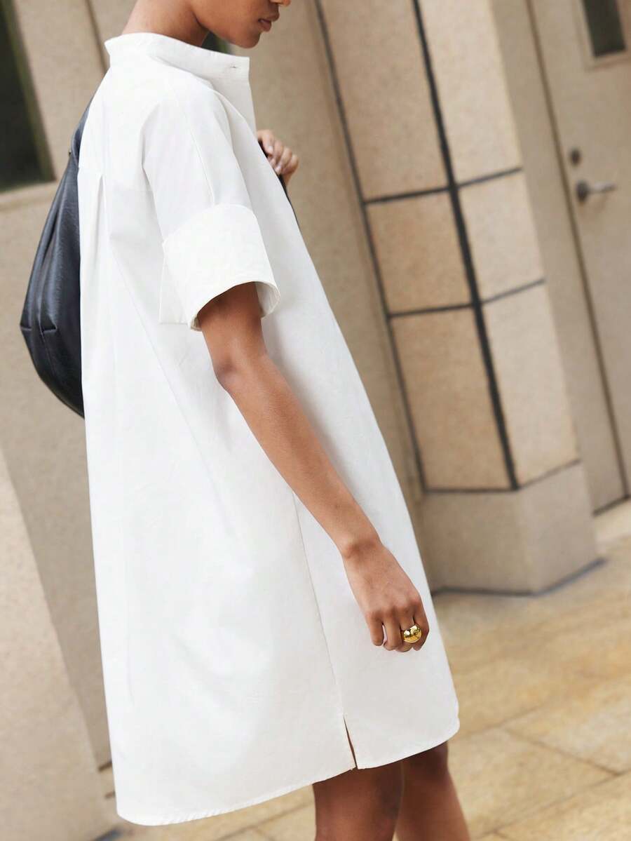 BizChic Đầm cotton trắng trơn dáng rộng, cổ tàu, cài cúc phía trước, kiểu dáng tối giản cơ bản dành cho nữ, thích hợp mặc hàng ngày, đi làm, công sở. - trắng - Xem 1