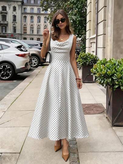 Lucivie This Elegant, Casual, Retro Black And White Polka Dot Halter Neck Sleeveless Midi Dress Is Suitable For: Everyday Wear, Valentine's Day Dinners, Romantic Dates, And Casual Vacations. It's Also Suitable For Women's White Dresses, Polka Dot Dresses, Country Music Concert Outfits, Formal Dresses, Vacation Dresses, Casual Dresses, Elegant Dresses, Graduation Dresses, Beach Wear, Party Dresses, And Summer Dresses.Festival,Formal,Business,Graduation Season Attire, Fashionable Casual Commuter Wear, Business Office Wear, Versatile And Stylish Everyday Casual Wear, Urban Teacher's Professional Attire