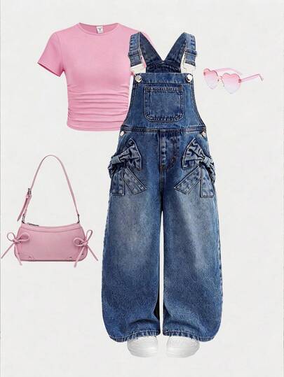 SHEIN Young Girl' Blue Denim Loose Fit Bib Overall Pants With 3D Bow Decor