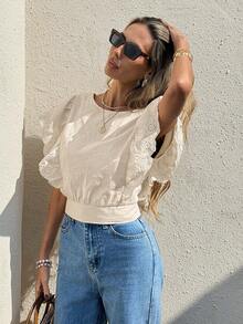 Serisse Women's Apricot V-Neck Ruffle Trim Backless Blouse - Apricot - View 4