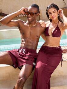 Manfinity VDAYZ 1件男士休闲纯色抽绳腰斜插口袋宽松沙滩短裤，夏季 - 酒紅色 - 查看 8