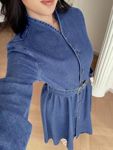 Modelyn Đầm denim nữ thời trang thường ngày, kiểu dáng bất đối xứng, thắt lưng tròn. - Rửa trung bình - Xem 5