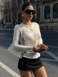 DAZY Stylish Round Neck Long Sleeve Lace Jacquard Loose Cropped Cardigan Blouse For Women - Beige - View 7