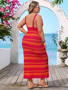 Vivid Eden Plus Size Colorblock Striped Knit Cami Dress,Women's Sunset Print Bodycon Maxi Dress,Spaghetti Strap Backless,Pastel Pink,Sommar,Vacation,Holiday Boho - Orange - View 3