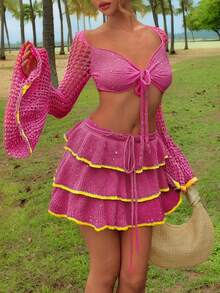 ROMWE Sexy Retro Vacation Flare Sleeve Hollow Out Top & Multi-Tier Mini Skirt 2 Pieces Knit Set - Hot Pink - View 4