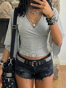 EgrlEra 女士性感深V领修身复古针织T恤 - 灰色 - 查看 1