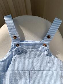 SHEIN Baby Boy/Girl Summer Blue & White Striped Bib Overalls, Casual Vacation Outfit Suitable For Home, Outing, Beach - Multicolor - View 4