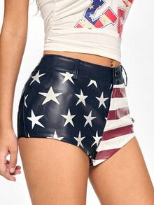 ROMWE Grunge Punk Y2K Baddie American Flag Low-Rise Mini Super Short Leather Pants - Multicolor - View 4