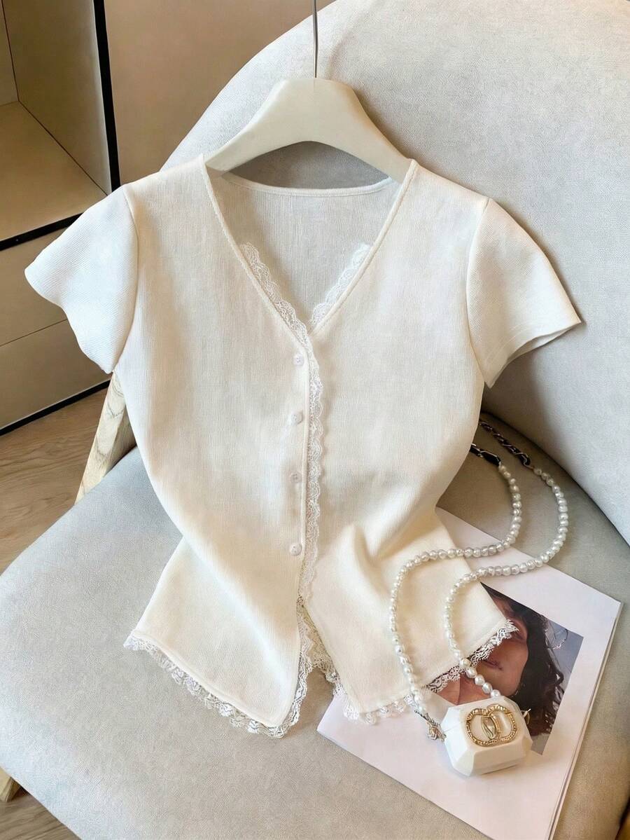 Everyssa New Arrival Comfortable Soft Casual Party Cardigan With Contrast Lace V-Neck Knit Blouse, Spring/Summer - White - View 1