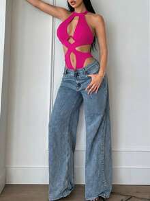 SHEIN SXY 性感露背吊带连体衣 - 玫紅色 - 查看 4
