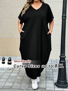 SHEIN CURVE+ Plus Size Women's Spring/Summer New Fashion Commuter Casual Pocket Design Split Robe - Black - View 9
