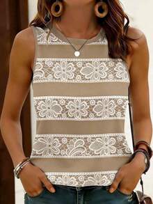 EMERY ROSE Women's Lace Patchwork Printed Sleeveless Top, Comfortable Casual Round Neck Tank Top For Summer Daily Wear - Apricot - View 4