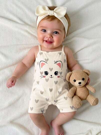 SHEIN Newborn Baby Girl Casual Cute Knitted Cartoon Pattern Sleeveless Romper, Summer