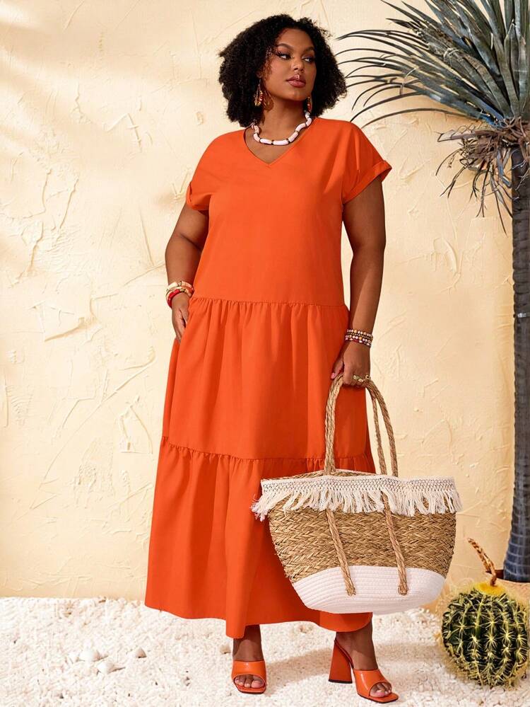 Plus Size Women's Summer Casual Vacation Loose Fit Solid Color Orange V-Neck Short Sleeve  Long Dress With Pocket,,Spring For Summer/ Vacation,Summer Holiday,Spring Break Outfits ,Vacation Outfits Women ,Holiday Outfits For Women,Going Out Outfits,2026 New Clothes,Simple And Fashionable For Everyday Wear,Casual Dresses For Women,Flowy Long Dress ,Suitable For Summer, Vacation, Commute, Daily Wear