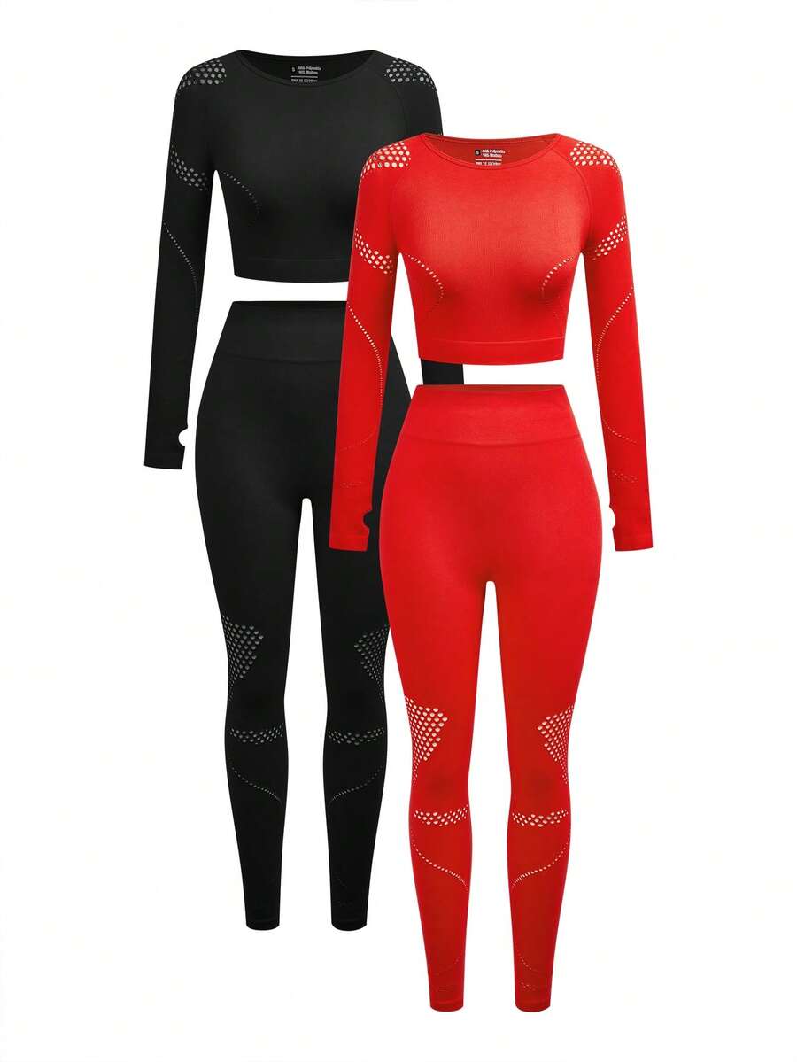 SHEIN Unity Women's Raglan Sleeve Long Sleeve T-Shirt And Leggings Sports Set - Multicolor - View 1