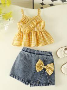 SHEIN Playful Pals 2 件套女婴春夏休闲风格纯色无袖吊带上衣和蝴蝶结装饰短牛仔裤 - 黃色 - 查看 1