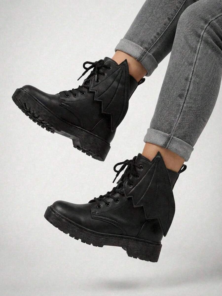 Botines de mujer con adornos de alas de suela baja - Negro - Ver 1