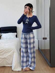 Napfluff 女士休闲罗纹纯色上衣和格子印花裤子睡衣套装 - 藏蓝色 - 查看 5