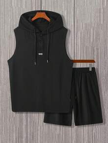 Manfinity Homme Plus Size Men's Summer Casual Black Gym Clothes Set,Sleeveless Hooded Tank Top And Shorts Outfits For Men,Vintage Y2k Old Money Style,Daily Leisure - Black - View 4