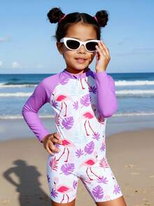SHEIN 1pc Girls Shark Print Long Sleeve One-Piece Swimsuit, Cute Design, Sun Protection, Summer - Purple - View 8