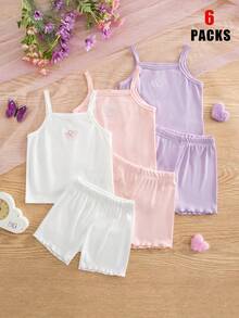 Genkimix Kids Bộ đồ 3 món cho bé gái: Áo hai dây thêu nơ và quần short, thích hợp cho mùa xuân/hè. - Nhiều màu - Xem 1