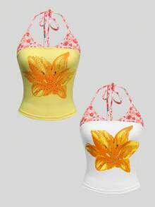 Franclia 这款女士橙色二合一印花吊带背心性感十足，充满Y2K风格，适合海岛、海滩、度假、音乐节和派对等场合。 - 彩色 - 查看 3