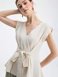 Aalyst 女士亚麻斜纹露肩宽松A字系带腰身休闲衬衫，适合街头、度假、办公室、通勤、春夏穿着 - 杏色 - 查看 4