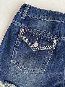 Elamini Women's Casual Denim Shorts With Pockets And Frayed Hem, Versatile For Daily Wear - Blue - View 4