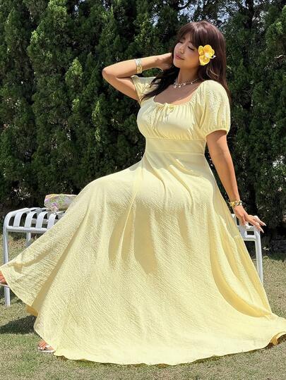 GalTyme Plus Size Women Solid Color Twist Ruched Waist Elegant Party Dress