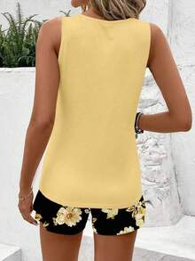 Sylviya 女士休闲圆领背心短裤两件套，适合夏季穿着 - 黃色 - 查看 2