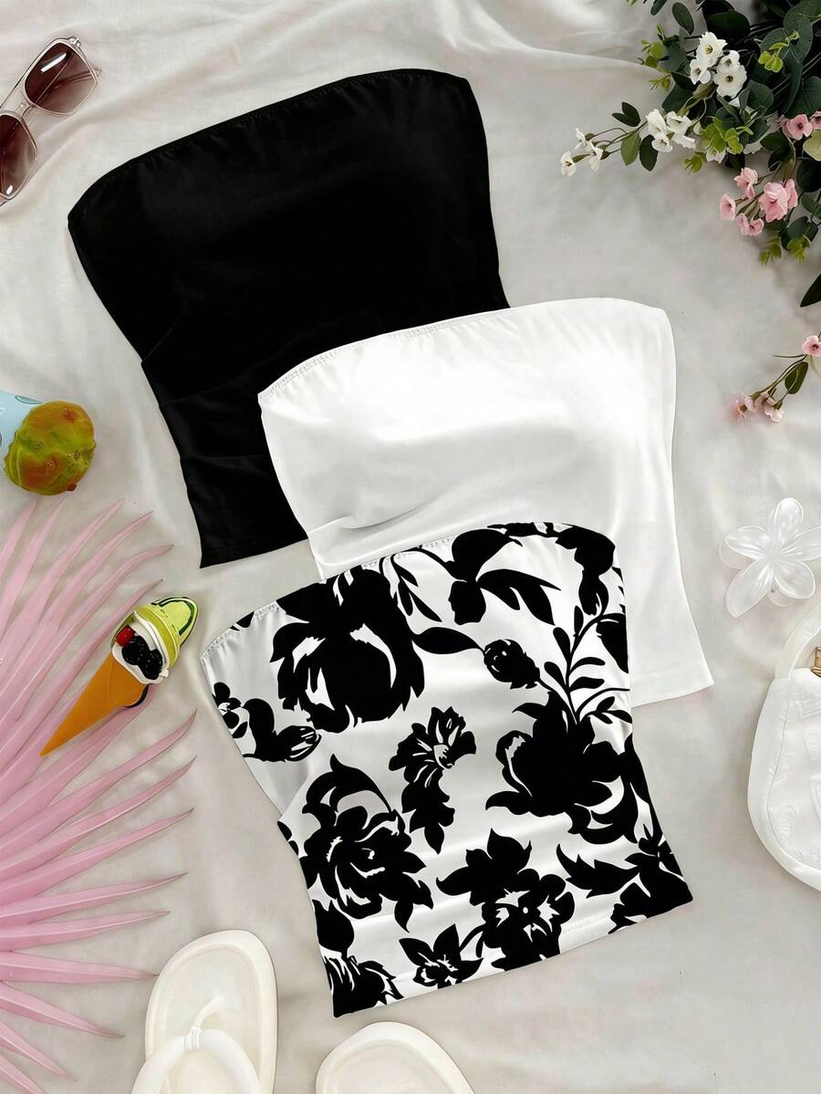 Soleia Plus Size Women Solid Color/Printed Tube Top, Suitable For Summer - Black and White - View 1