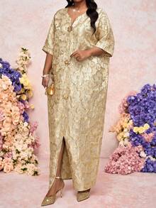 Fleurora 大码女士提花V领宽松优雅中长连衣裙 - 金色 - 查看 4