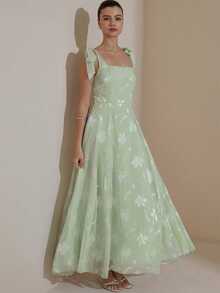 Aveloria Rosie French Design Luxury Elegant Burn-Out Camisole Tie-Up Waist Flared Sleeveless Dress - Green - View 6