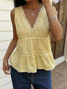 Strévra 100%纯棉蕾丝拼接纯色V领收腰度假背心，女士款，黄色，夏季 - 淡黃色 - 查看 7
