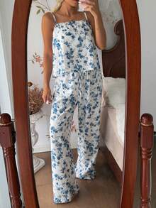 2pcs/Set Women's Ditsy Floral Camisole & Pants Pajama Set, Refreshing Home Wear - White - View 3