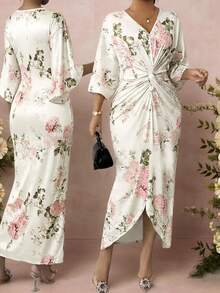 SHEIN Lady 大码女式印花V领七分袖扭腰优雅连衣裙，Florurora春夏优雅连衣裙，女士春季穿搭，度假装，女士夏季休闲装，女士奢华连衣裙 - 彩色 - 查看 9