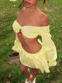 ROMWE Avant 海岛度假风清新性感樱桃印花雪纺罩衫两件套（女士款） - 淡黃色 - 查看 6