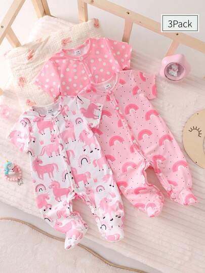 3件套新生女婴可爱独角兽印花长袖连体衣套装，基础睡衣，粉色，适合所有季节
